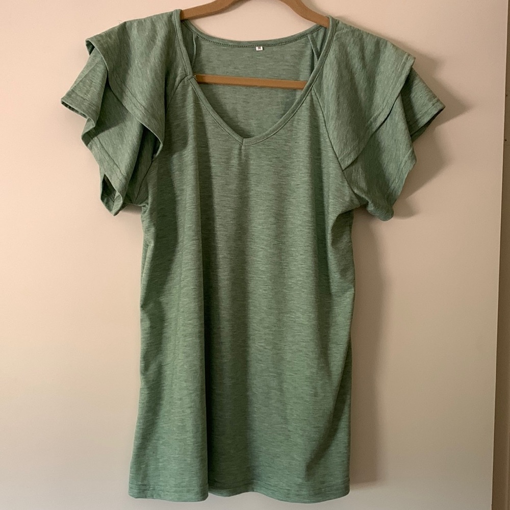 Hello PinkV-Neck Shoulder Detail Raglan Sleeve. Sage Green, easy flow shirt